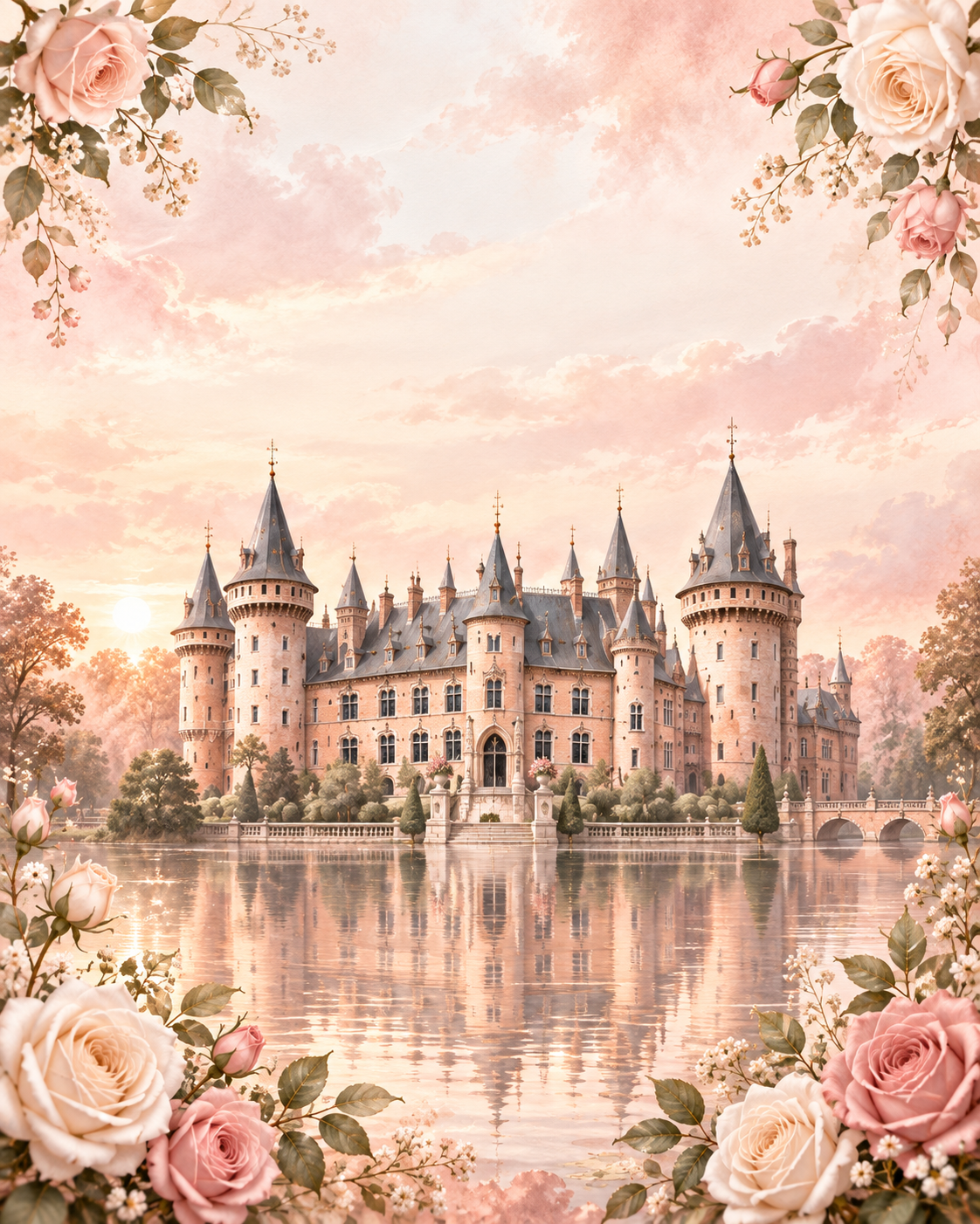 A romantic illustration of Kasteel de Haar surrounded by blush roses